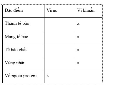 Luyện tập 1 trang 95 KHTN lớp 6: So sánh sự khác nhau về cấu tạo của virus và vi khuẩn theo gợi ý trong bảng 16.2